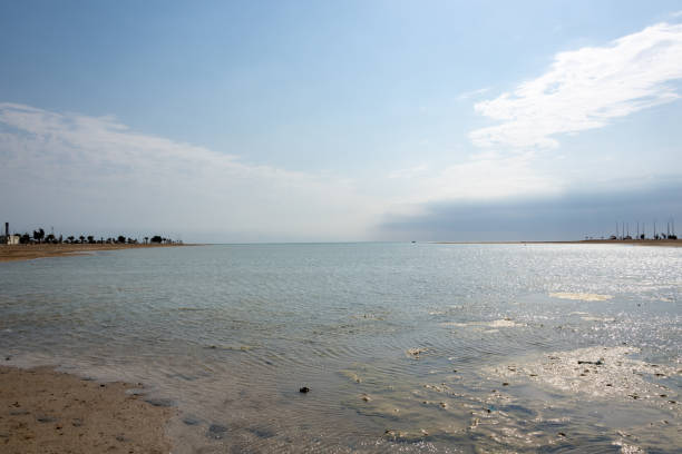 Jewels of Saudi Arabia; Jeddah, South coastline, Al Saif Beach, 28 February 2021, Saudi Arabia. The Al Saif Beach (Al Saif means ‘Sword’) is South of Jeddah and is the most beautiful public beach in the vicinity of this at the Red Sea. You will not only find Sea, Sun and Sand in abundance but also wooden sheds that will provide shade. Lined with Palm trees the beach is open to singles, couples, families and groups of friends alike, from early morning until after magnificent sunsets. There is plenty of free parking space, a number of playgrounds, several kiosks, a mosque and public toilets. saudi arabia jeddah landscape stock pictures, royalty-free photos & images
