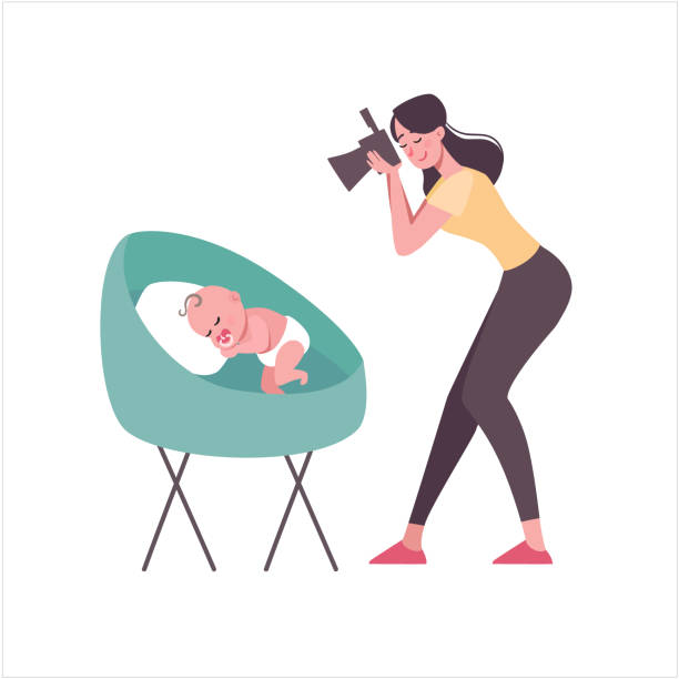母親はゆりかごの中で生まれたばかりの赤ちゃんを撮影します。女性は赤ちゃんが眠っている写真を撮ります。ベクトル、フラットスタイル、分離。子供と漫画のキャラクターの若い女の子� - 6002点のイラスト素材／クリップアート素材／マンガ素材／アイコン素材