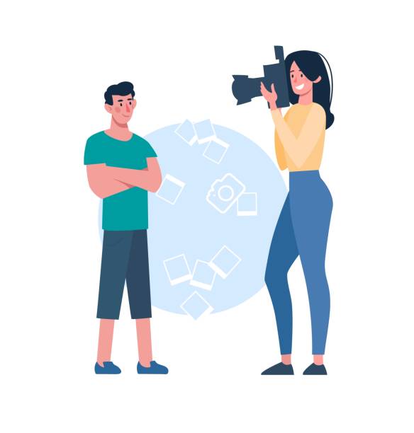 ilustrações de stock, clip art, desenhos animados e ícones de a woman photographs a child on a camera with a flash. mother takes a photo of her teenage son. cartoon characters, photos from a parent. vector, flat style, isolated 
on a white background - 6008