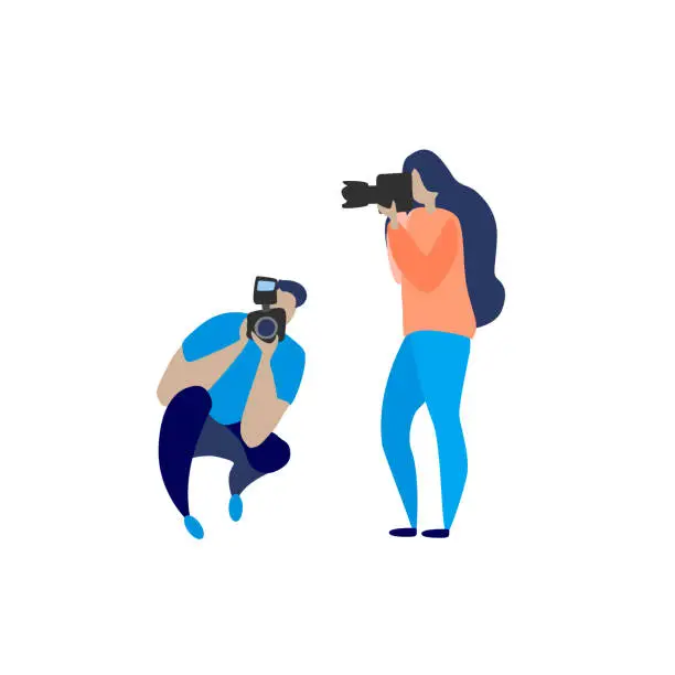 Vector illustration of Various photographers holding photo camera and photographing. Creative profession or occupation. Cute female and male cartoon characters take photo shot Colored vector illustration flat style on white.