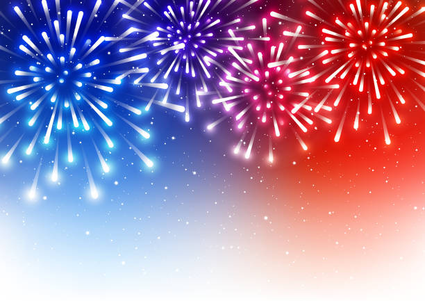 illustrazioni stock, clip art, cartoni animati e icone di tendenza di biglietto d'auguri per il giorno dell'indipendenza con fuochi d'artificio lucidi su sfondo blu e stella rossa - fireworks