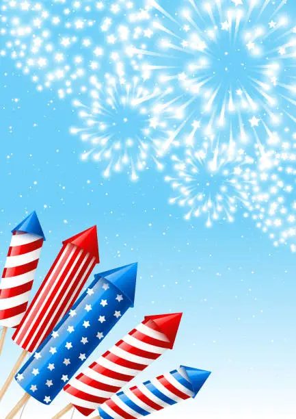 Vector illustration of Independence day vertical banner with fireworks rockets on blue sky background