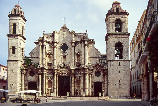 Havana, Cuba - aug 2001: facade of the cathedral of San Cristobal, the most famous and oldest church on the best known Caribbean island.