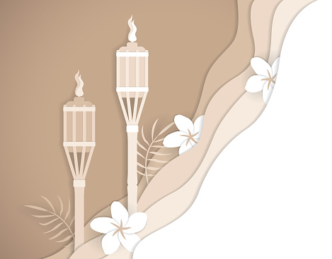 A pair of bamboo tiki torches with plumeria flowers and palm fronds, in monochrome browns. Paper layer style art