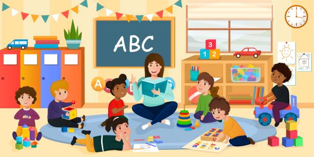 ilustraciones, imágenes clip art, dibujos animados e iconos de stock de niños en un jardín de infantes. comportamiento de grupo. ilustración vectorial - preschool teacher
