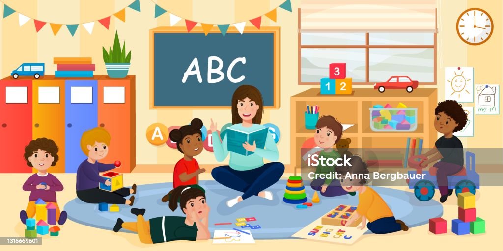 Children In A Kindergarten Group Behavior Vector Illustration Stock  Illustration - Download Image Now - iStock