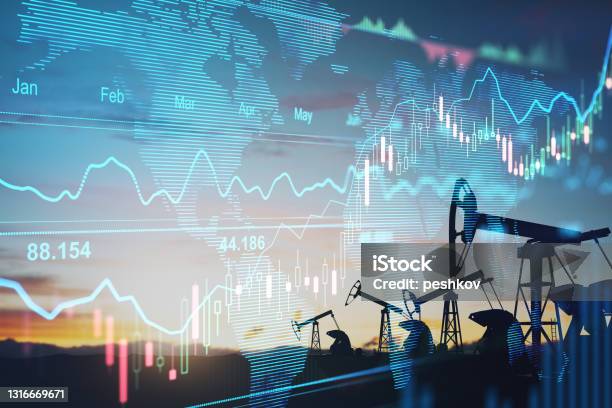 Rise In Gasoline Prices Concept With Double Exposure Of Digital Screen With Financial Chart Graphs And Oil Pumps On A Field Stock Photo - Download Image Now