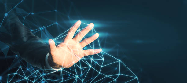 istock Businessman touching an abstract cloud with his hand on a dark background,. Technology and innovation concept 1316670522