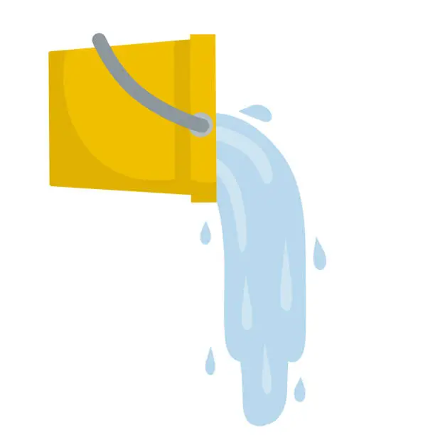 Vector illustration of Splash and splatter. Liquid pours out. Cartoon flat illustration. Cleaning the house. Orange bucket of water. Yellow object for washing