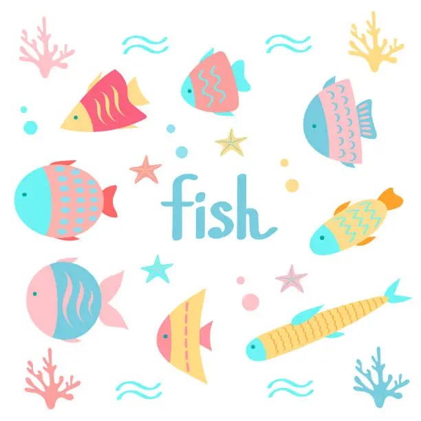 Vector illustration of Set of cute cartoon fish