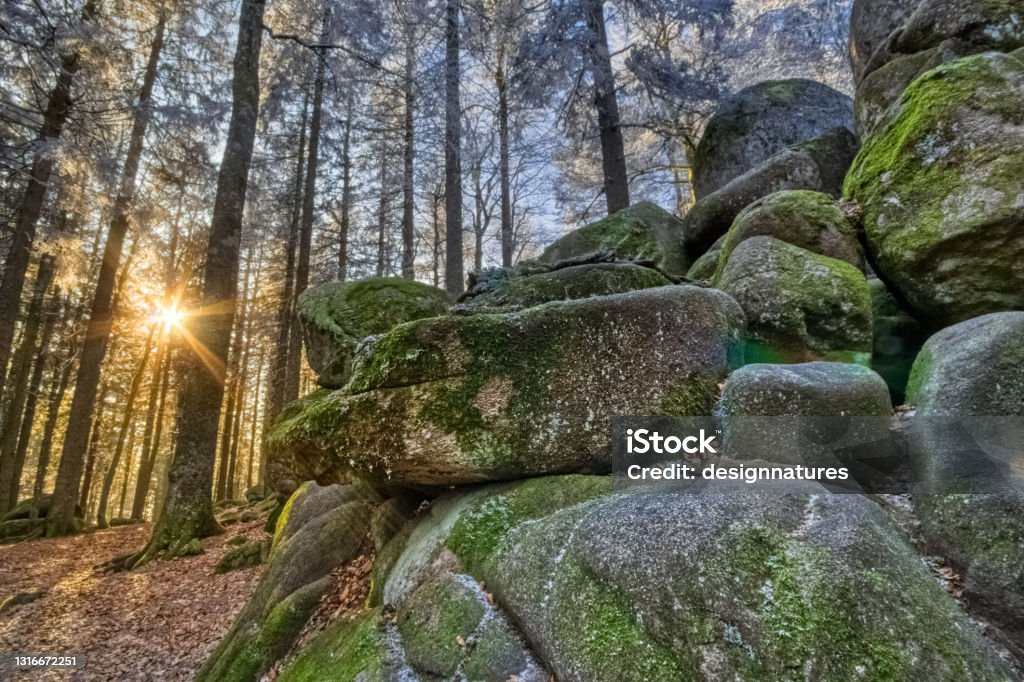 Close by the Guenterfelsen, frozen mossy rocks, the Brend Way, in the Black Forest, Southwest Germany Ancient Stock Photo