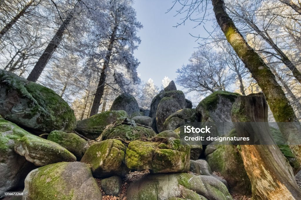 At the Guenterfelsen, in the Black Forest, Germany before the beginning of winter, when the frost ripe is visible only on the pine needles and the icy moss of the giant rocks Ancient Stock Photo