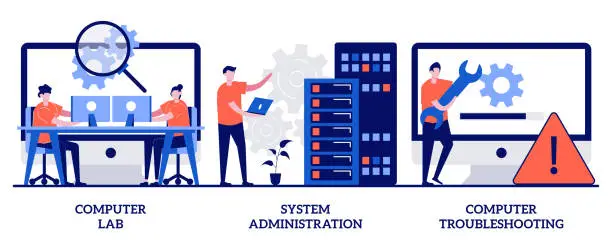 Vector illustration of Computer lab, system administration, troubleshooting concept with tiny people. Computers and software vector illustration set. Information technology, network upkeeping, operating system metaphor.