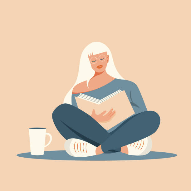 девушка с белыми волосами в очках сидит и читает книгу. - book reading white women stock illustrations