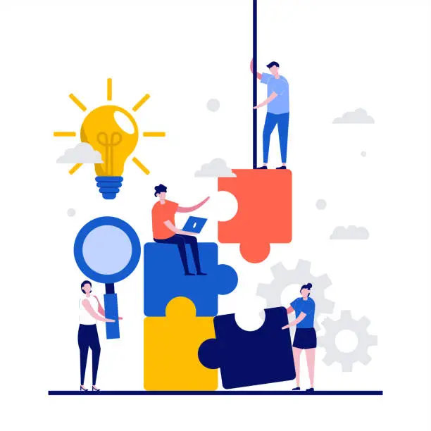 Vector illustration of Teamwork concept with character. Coworker putting jigsaw puzzle together. Successful problem solving. Smart management. Modern flat style for landing page, mobile app, infographics, hero images.