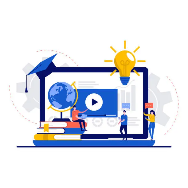 Vector illustration of Webinar, online video training, tutorial podcast concept with character. Students e-learning by listening to businessman with charts on laptop. Web seminar, remote teaching, conference technology.