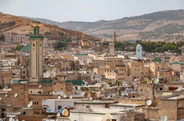 A picture of the rooftops and cityscape of Fez's old medina, i.e. Fes el Bali.