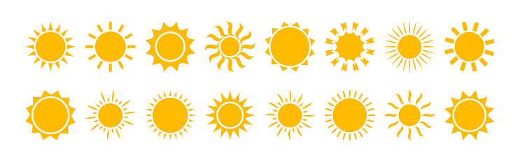 Sun vector icon, yellow solar set isolated on white background. Summer illustration