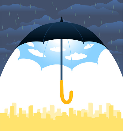 Big umbrella protecting the city from storm. Vector illustration. Safety and security concept.