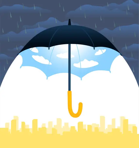 Vector illustration of Big umbrella protecting the city from storm