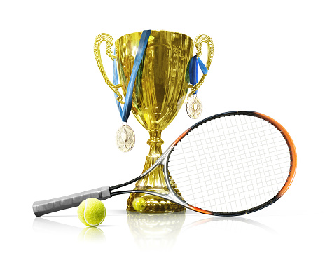 Tennis championship trophy. Golden champion cup isolated on white background. Victory concept. Tennis ball with a racket, medals and cup
