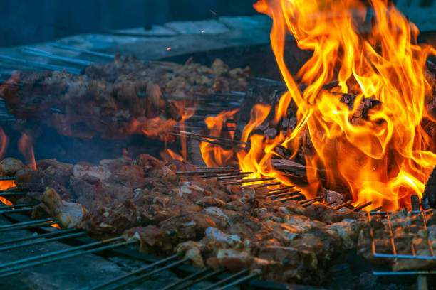 istock Shish kebabs on a very large barbecue ready to be cooked 1316685086