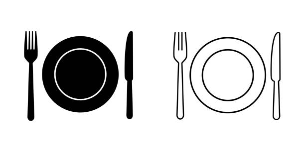 satz von platte, gabel und messer-symbol - kitchen utensil stock-grafiken, -clipart, -cartoons und -symbole