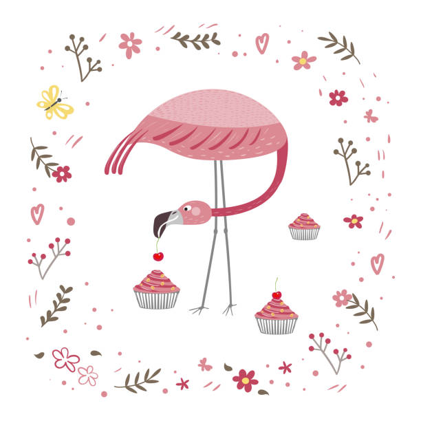 istock Pink flamingo is standing isolated on a white background. Flamingo is eating a cake. Frame from plants and flowers. 1316687029