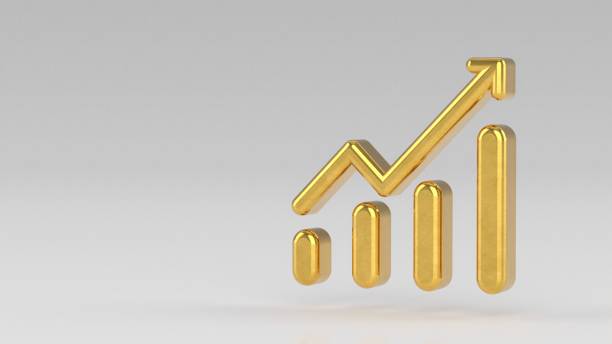 istock Gold growth diagram on white gray background. Business data diagram. Chart and graph, for web data report and presentation. 3d arrow graph illustration 1316689004