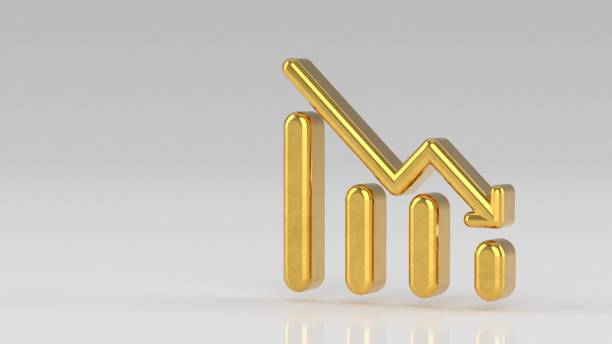 istock Gold growth diagram on white gray background. Business data diagram. Falling performance or decreasing. Chart and graph, for web data report and presentation. 3d arrow graph illustration 1316689299