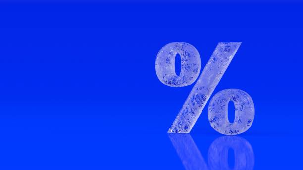 глянцевый стеклянный лед процент знак изолированы на синем фоне. сезонный фон продаж с процентной моделью скидок. бизнес, скидка, продажа, п - frozen currency finance ice стоковые фото и изображения