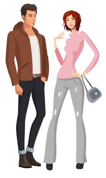 Autumn winter fashion collection. Young people The handsome man and the charming lady with their modern clothes are standing together. winter fashion collection stock illustrations