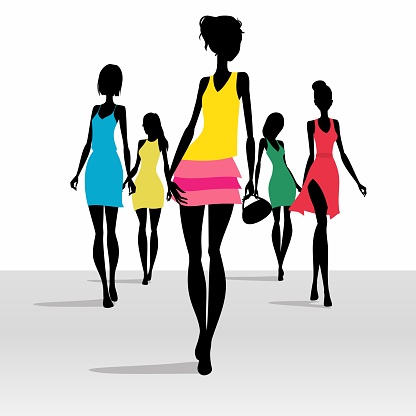 Girl model silhouettes with colorful clothes. Girls walking on the podium. White background vector illustration.