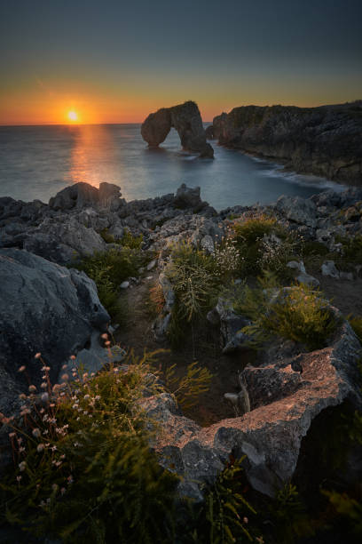 tunning suset avec des roches fuly de la végétation et une formation rocheuse arquée. asturies, espagne. - vibrant color summer rock cliff photos et images de collection