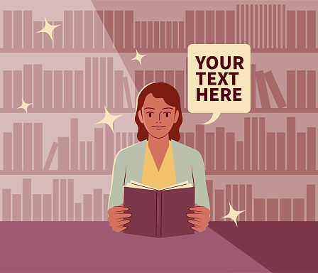 Beautiful Characters Vector Art Illustration.
The young woman is reading a book in the library; Never stop learning; To invest in yourself; Knowledge is power.