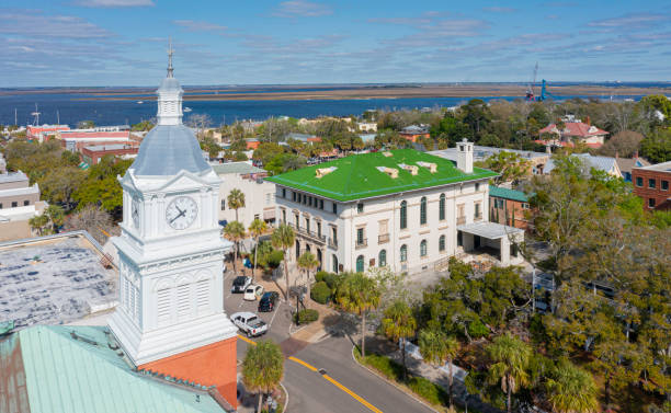 Aerial of Small Town Clock Tower