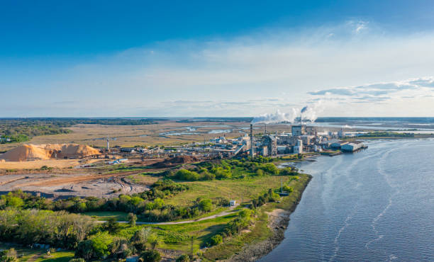 Aerial View of Paper Mill on Riverfront