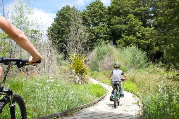 istock Children on a Wooden Boardwalk Bicycle Trail 1316701297