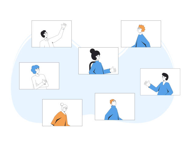 istock Video call conference. Friends online meeting. Digital communication. People talking to each other on computer screen. Vector color line art illustration. 1316709554