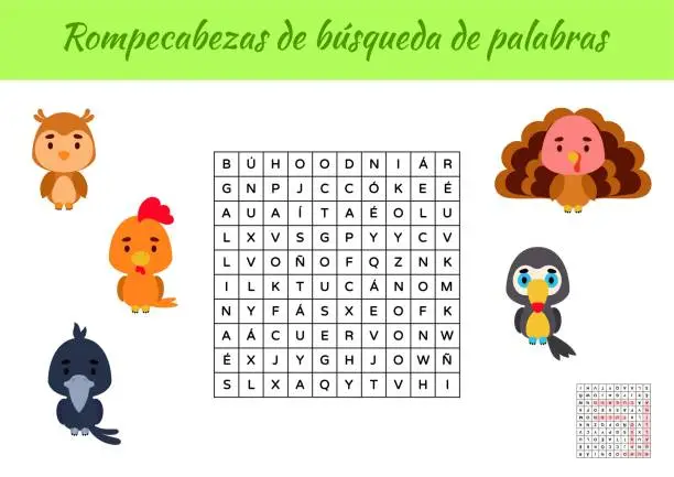 Vector illustration of Rompecabezas de bÃºsqueda de palabras - Word search puzzle. Educational game for study Spanish words. Kids activity worksheet colorful printable version with answers. Vector stock illustration