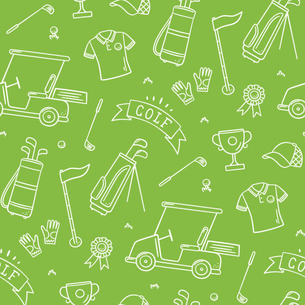 ilustrações de stock, clip art, desenhos animados e ícones de golf seamless pattern - club, ball, flag, bag and golf cart in doodle style. hand drawn vector illustration - tee golf golf club ball