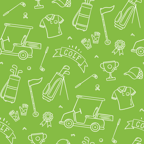 Golf seamless pattern - club, ball, flag, bag and golf cart in doodle style. Hand drawn vector illustration Golf seamless pattern - club, ball, flag, bag and golf cart in doodle style. Hand drawn vector illustration on white background golf designs stock illustrations