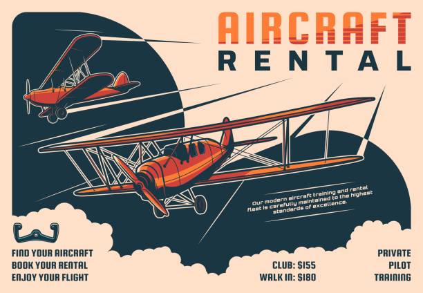 аренда самолетов туры, частный пилот ретро плакат - small airplane air vehicle propeller stock illustrations