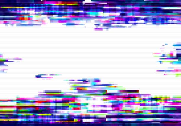 Glitch pixels vector abstract distorted background Glitch pixels vector abstract background, distorted glitched colored and neon glowing frame with random pixels. Television distortion with glitch effect, error, no signal tv screen border or backdrop tv static stock illustrations