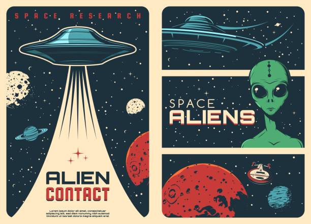 Alien contact, UFO spaceship vintage banners Alien spaceship, extraterrestrial UFO life retro posters. Humanoid alien with green skin and big eyes, flying saucer and fantasy spaceship in outer space, Mars and Saturn planets, Moon vector ufo stock illustrations