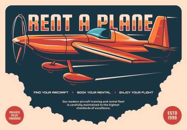 mieten sie ein flugzeug retro vektor poster - air vehicle airplane commercial airplane private airplane stock-grafiken, -clipart, -cartoons und -symbole