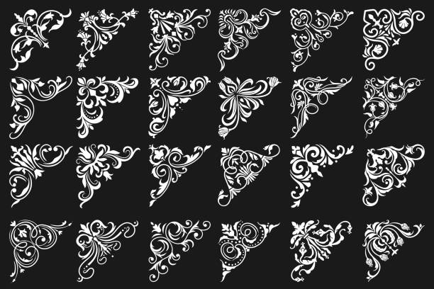 Floral corners, ornate frames and flower borders Floral corners and frame borders, vintage ornament and ornate victorian embellishments, Floral corners decoration and filigree flourish swirls, black and white floral adornments swirly vines stock illustrations