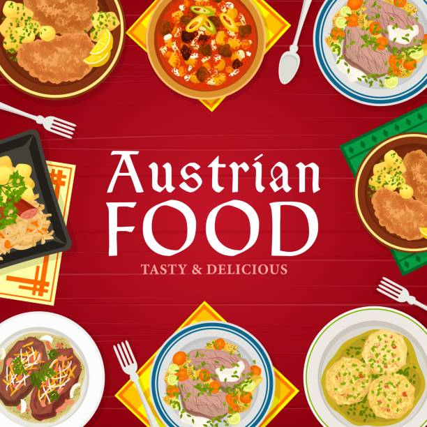 Austrian cuisine restaurant menu cover Austrian food cuisine menu vector cover. Sauerkraut with sausage and potato, wiener schnitzel, meat stew goulash and beef tafelspitz, bread dumplings knodel and roast beef esterhazy vienna sausage stock illustrations