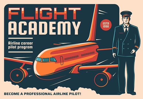 Pilot and airplane retro poster of vector aircraft staff, aviation, air travel and flight academy. Captain of passenger airline plane in blue uniform and cap with airplane on background