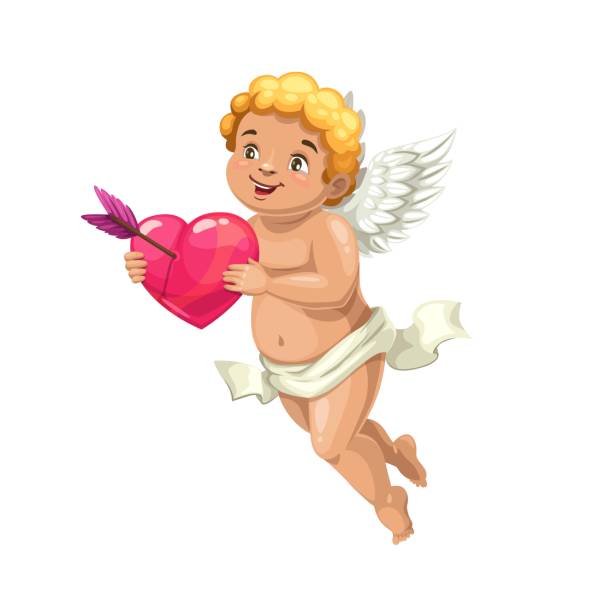 amor engel mit herz und liebe pfeil - angel cherub heart shape smiling stock-grafiken, -clipart, -cartoons und -symbole